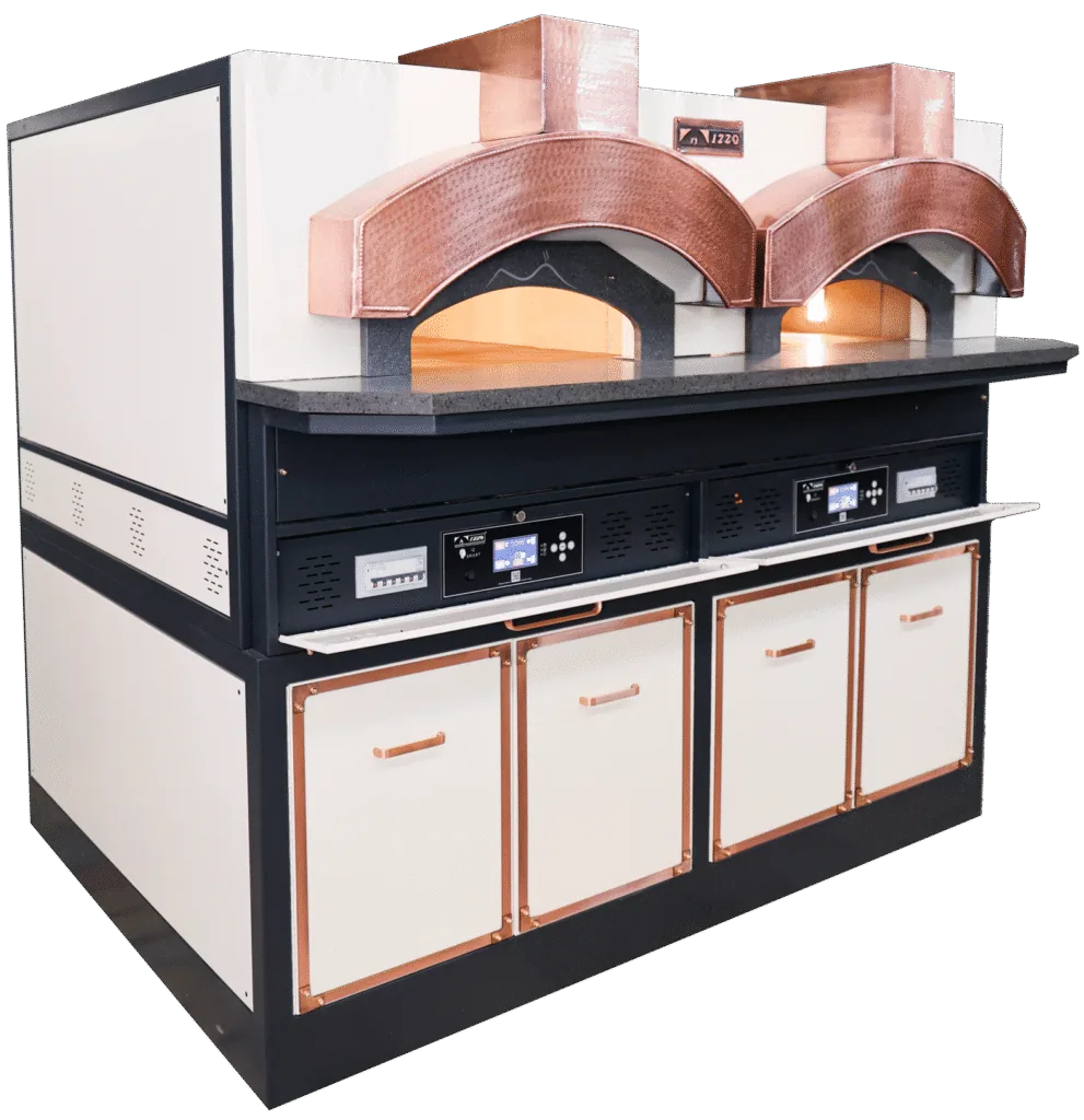 Horno de pizza Izzo DUO con dos cámaras de cocción, acabado blanco y cobre